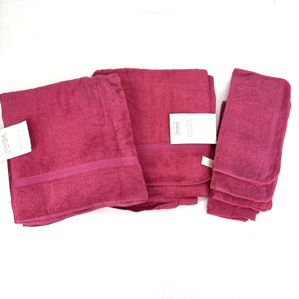 Vintage Sears Drylon Bath Towels & 4 Washcloth Set Raspberry Pink MCM Vibrant